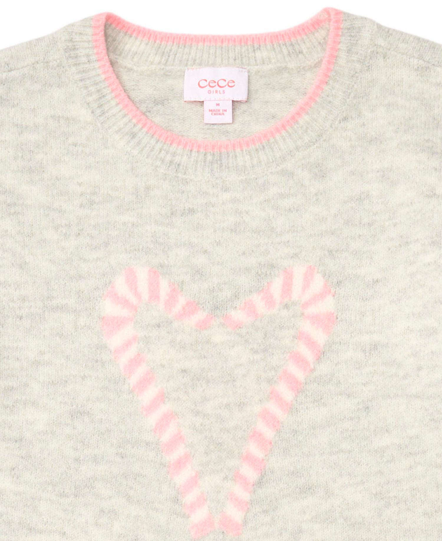 Girls' 7-16 Candy Cane Heart Long-Sleeve Crewneck Sweater