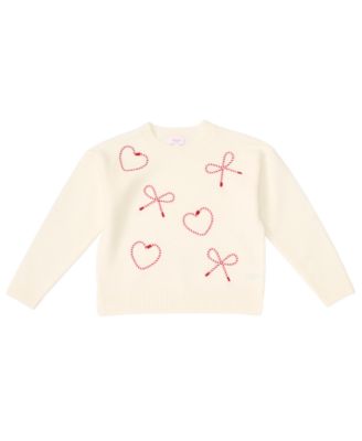 Girls' 7-16 Bow Heart Soutache Long-Sleeve Sweater