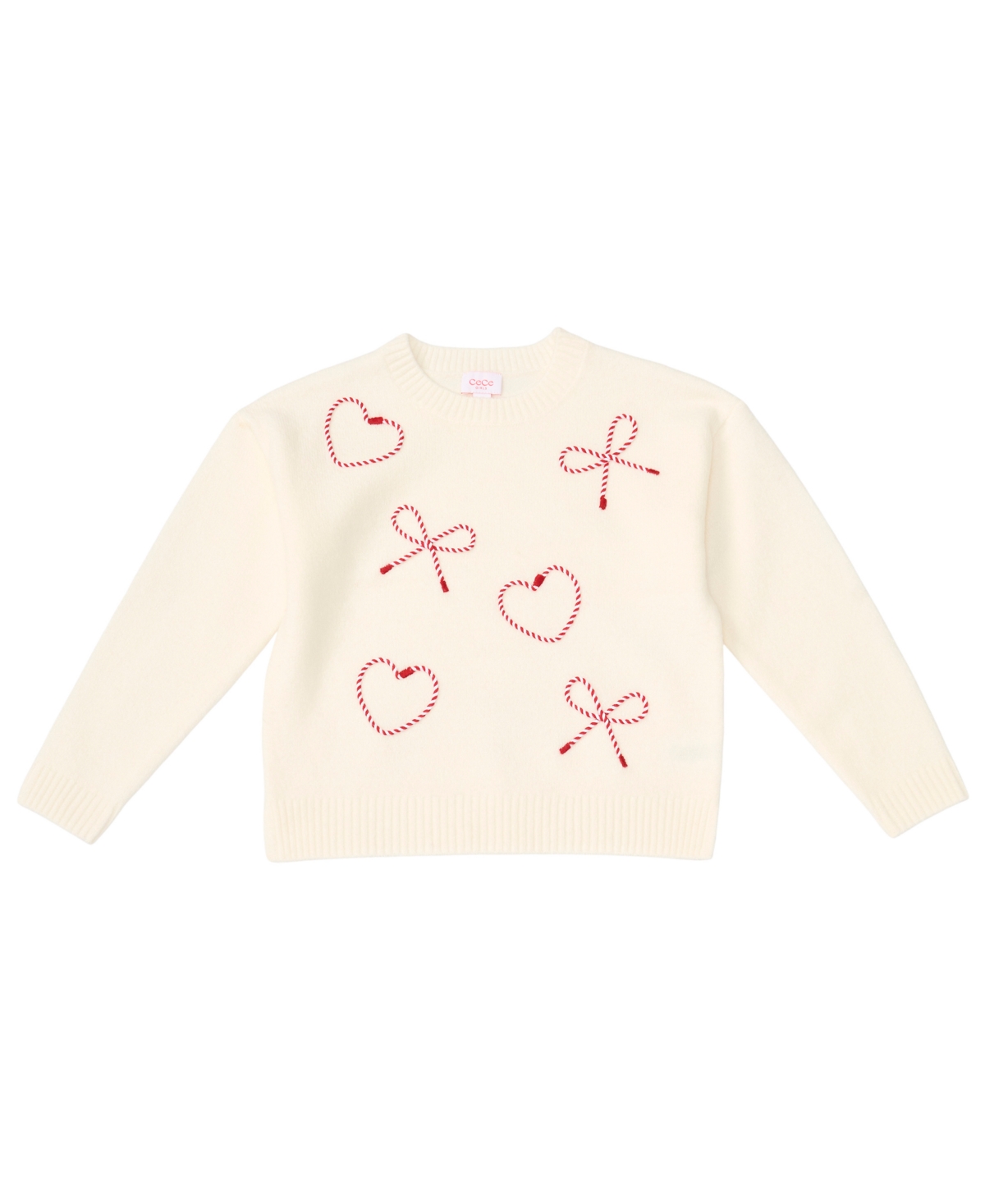 CeCe Girls' 4-16 Bow Heart Soutache Long-Sleeve Sweater