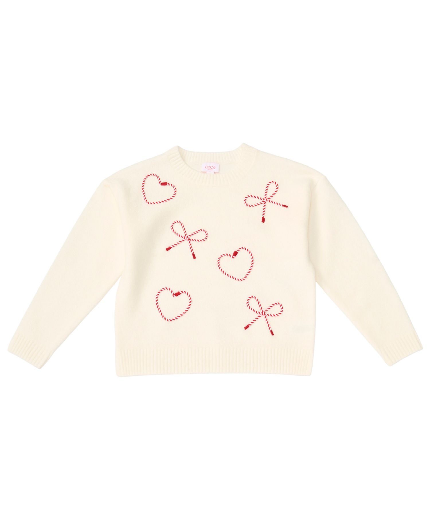 Girls' 7-16 Bow Heart Soutache Long-Sleeve Sweater
