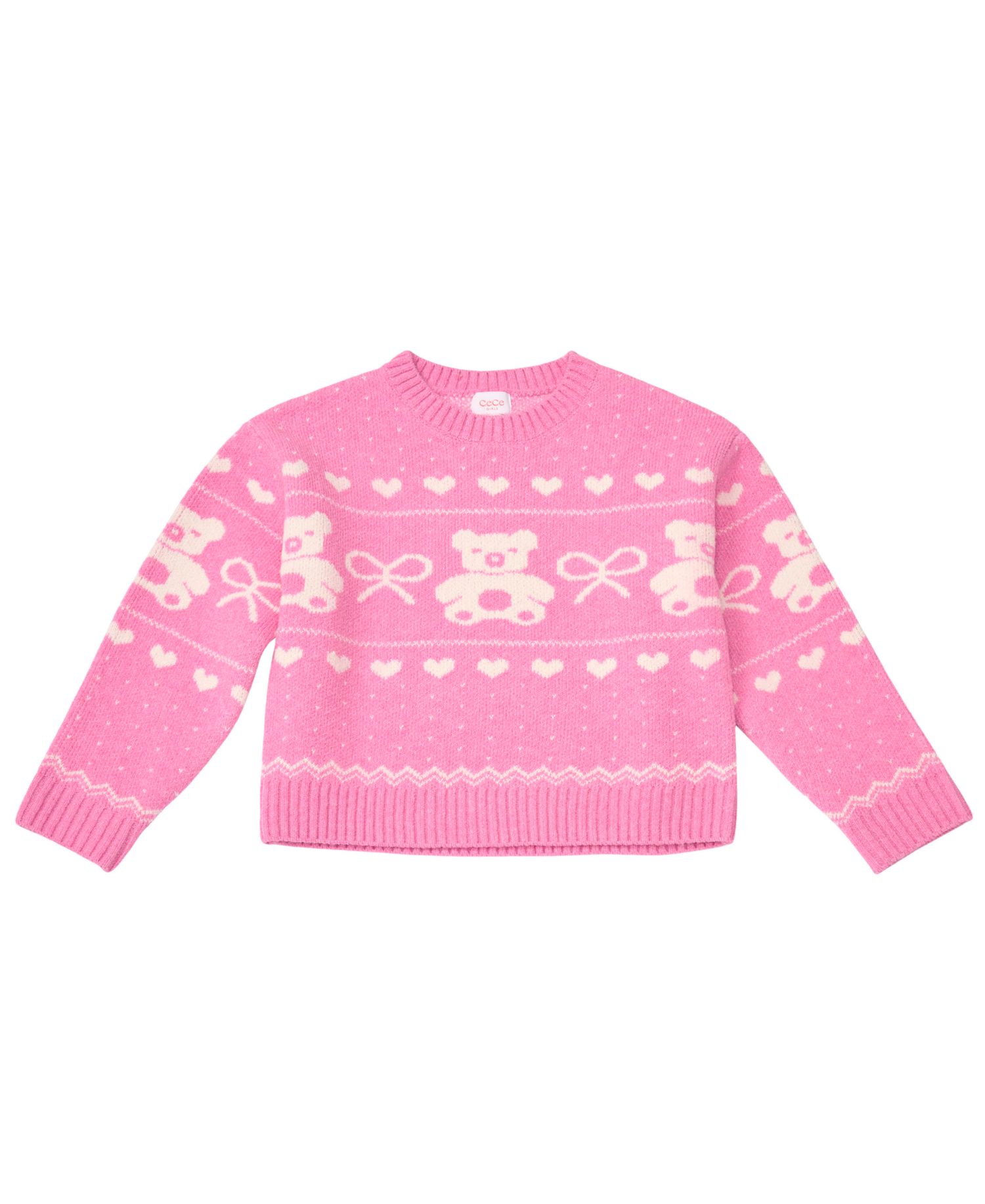 Girls' 7-16 Bear Fairisle Crewneck Sweater