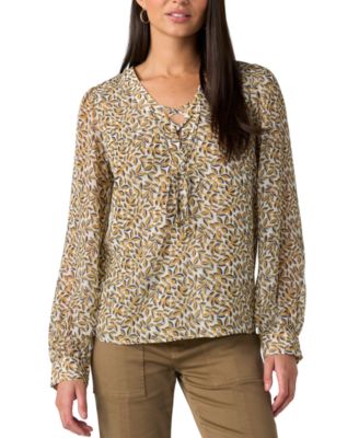 Women's Long-Sleeve V-Neck Lace-Up Front Blouse