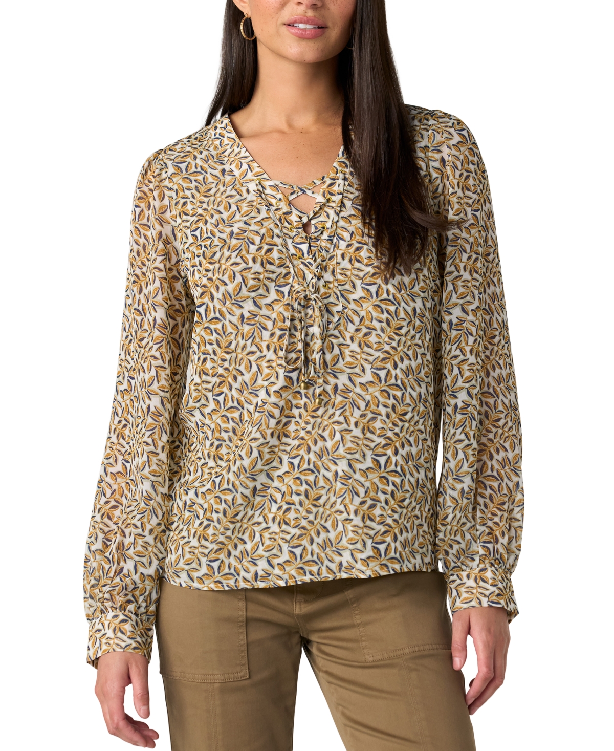 Liverpool Los Angeles Women's Long-Sleeve V-Neck Lace-Up Front Blouse