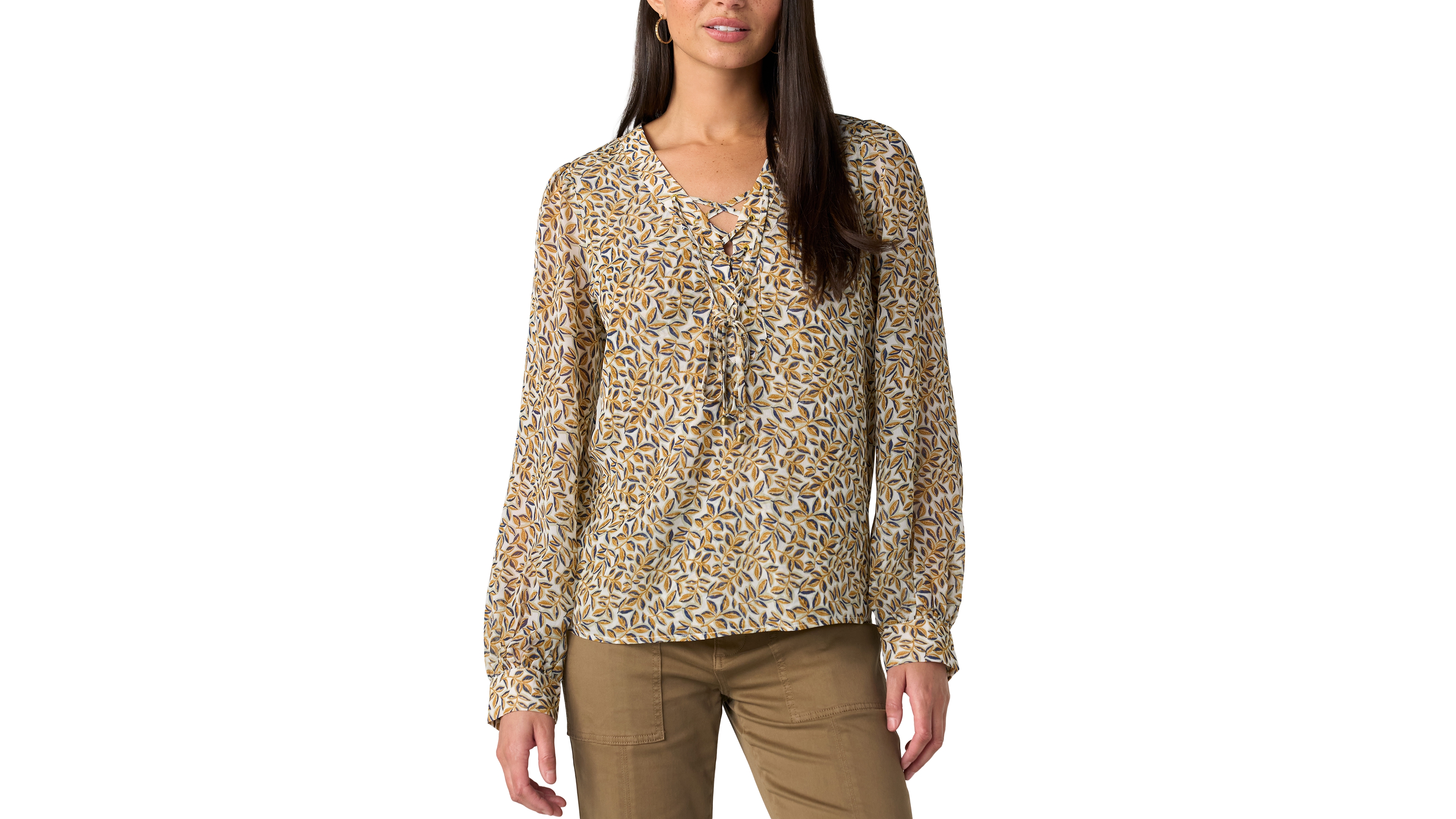 Liverpool Los Angeles Women's Long-Sleeve V-Neck Lace-Up Front Blouse