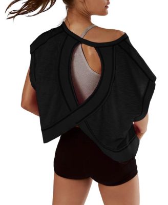 Women Short Sleeve Crop Workout Tops Open Back Athletic Gym Yoga Tees