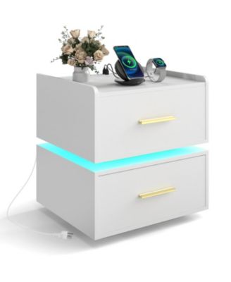 Nightstand with Charging Station LED Bedside Table with 2 Storage Drawers