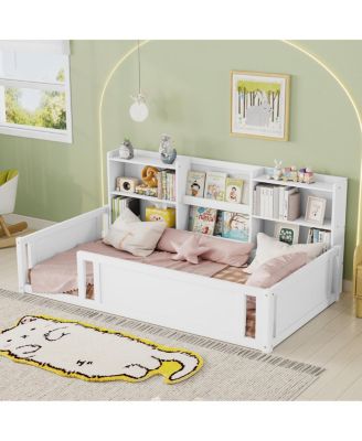 Streamdale Twin Wood Platform Floor Bed with Fence Guardrail and Shelves