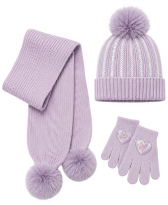 Girls' Sequin-Heart Pom-Pom Hat, Scarf and Gloves, 3-Piece Set