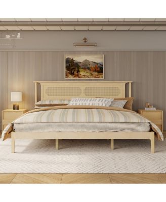 King Size Solid Pine Wooden Bed with Rattan Headboard