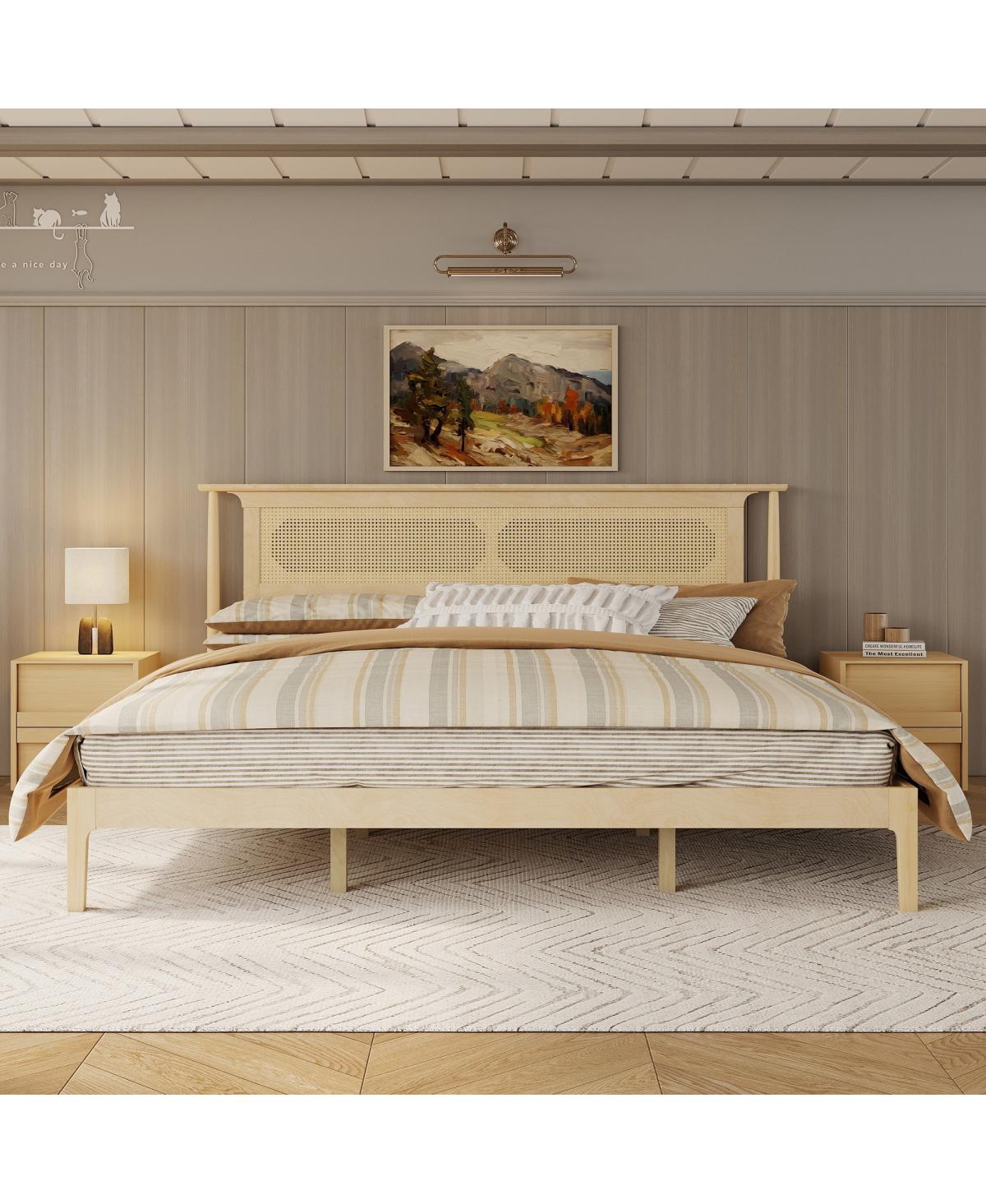 Streamdale Furniture King Size Solid Pine Wooden Bed with Rattan Headboard