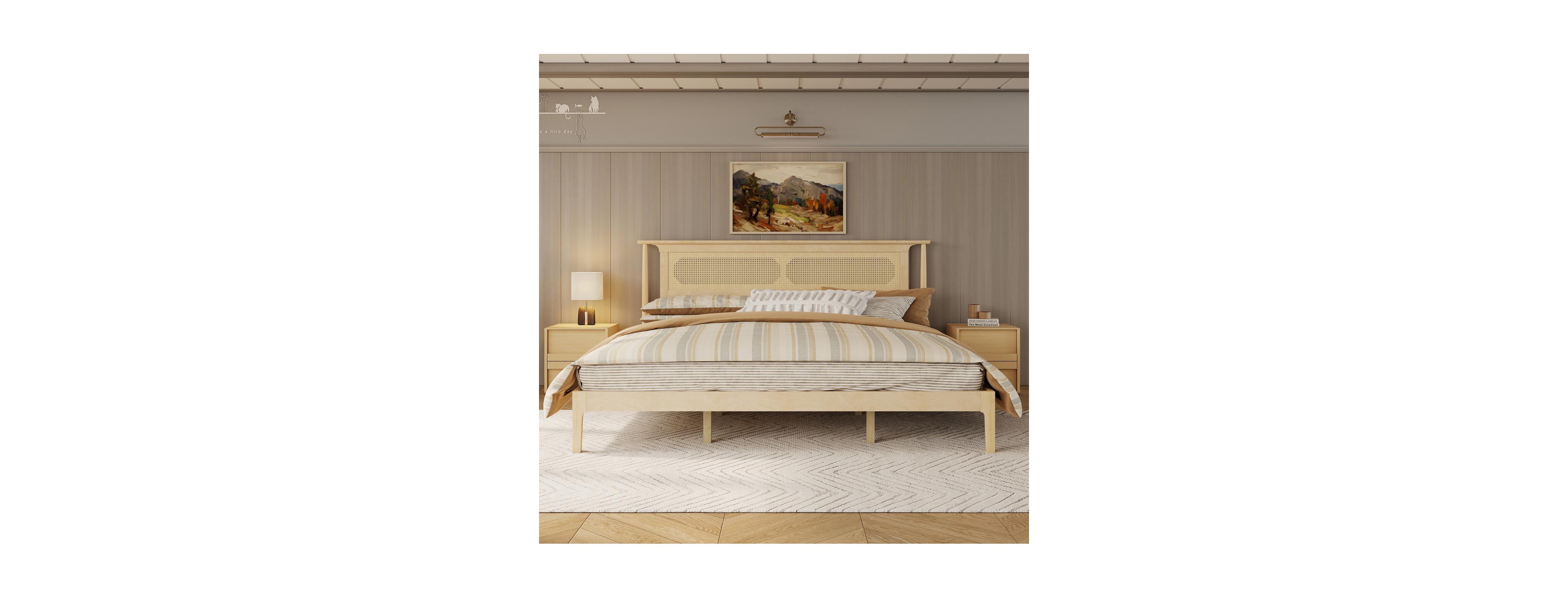 Streamdale Furniture King Size Solid Pine Wooden Bed with Rattan Headboard