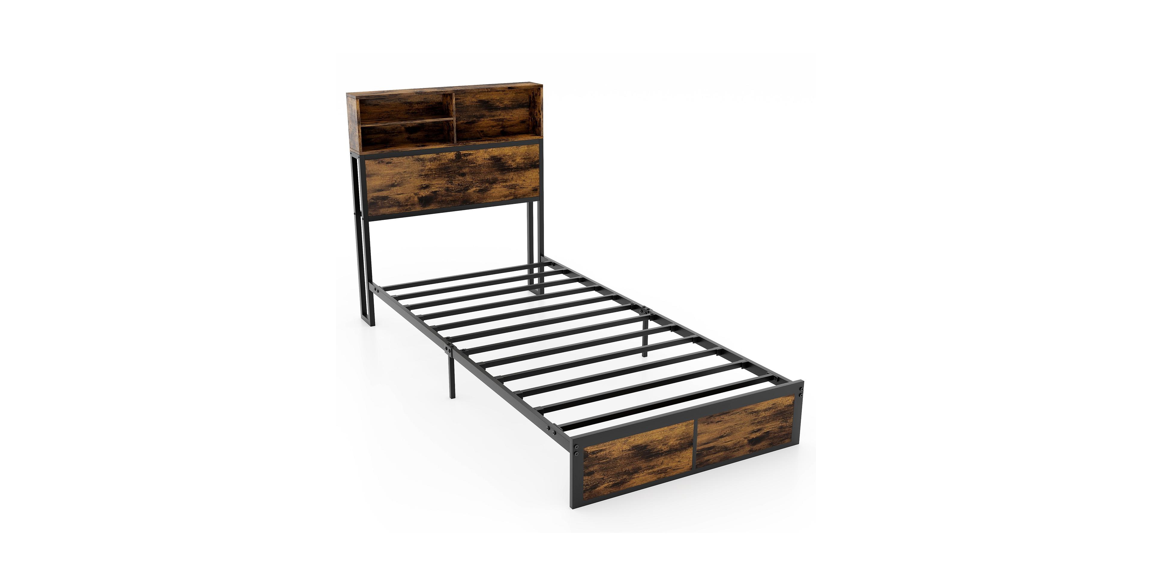 Mecale Twin Full Queen King Size Bed Frame with Storage Headboard Industrial Metal Platform Bed Twin Size