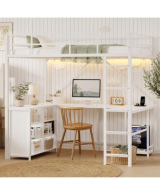Full Metal Loft Bed Frame White with U Shaped Desk 6 Storage Cubbies and Charging Station for Bedroom Study Room