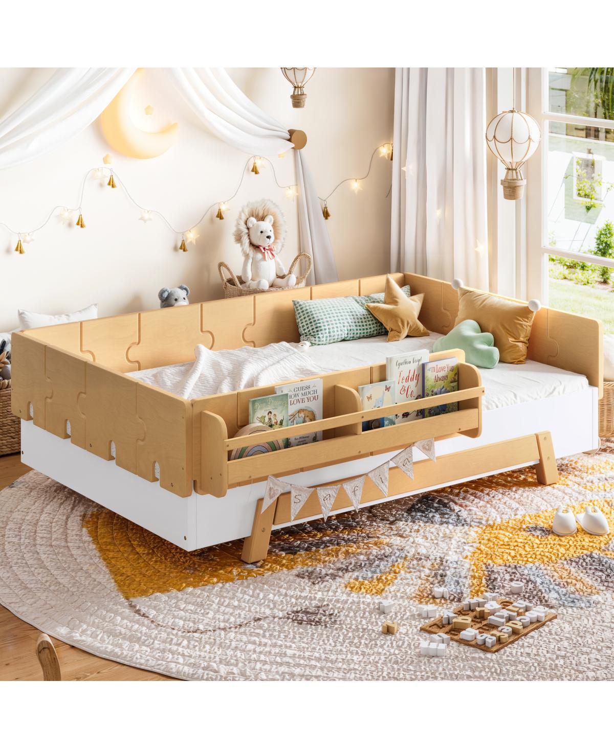 Streamdale Furniture Twin Size Montessori Floor Bed with Guardrails and Bookshelves