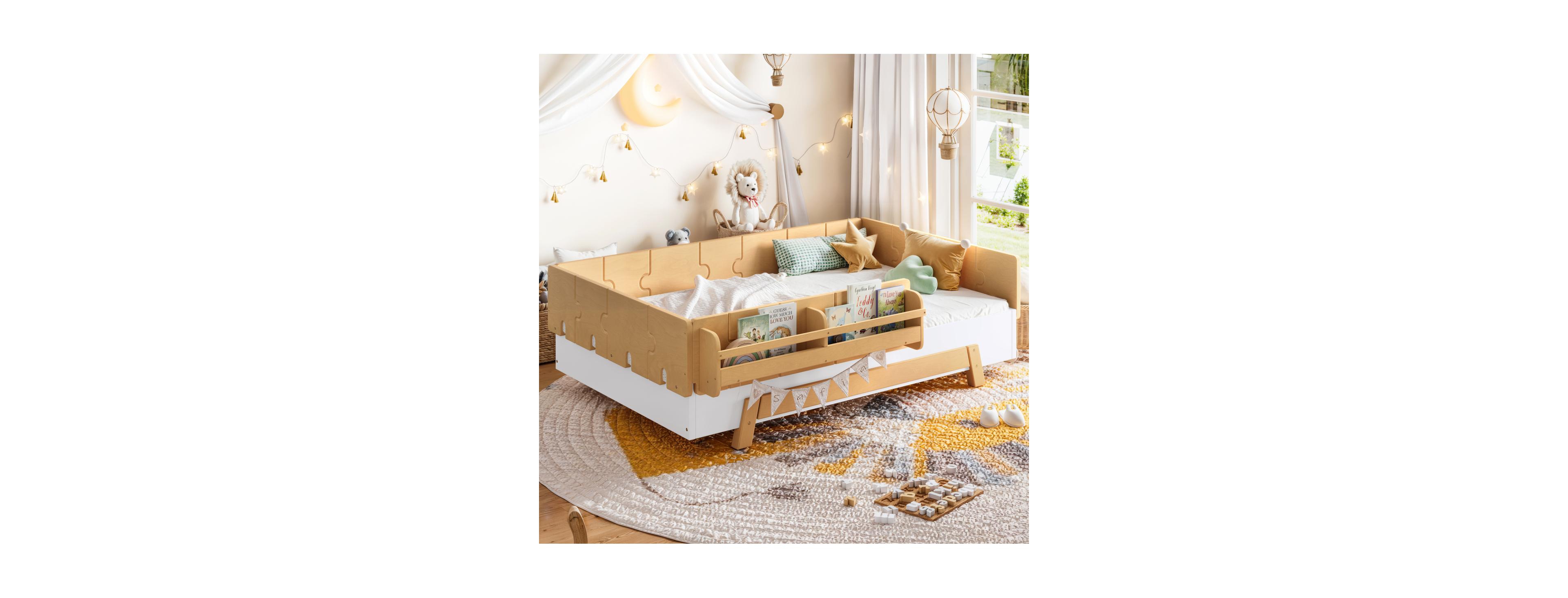 Streamdale Furniture Twin Size Montessori Floor Bed with Guardrails and Bookshelves