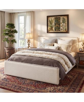 Queen Size Upholstered Platform Bed With Linen Fabric And Thick Headboard
