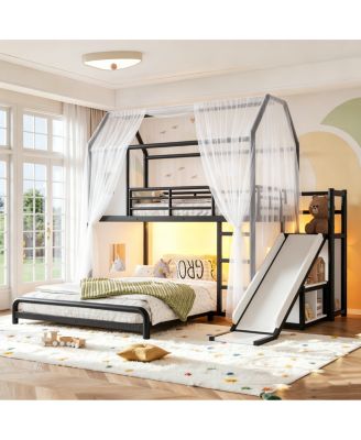 Twin over Full Playhouse Metal Bunk Bed with Slide and LED Lights