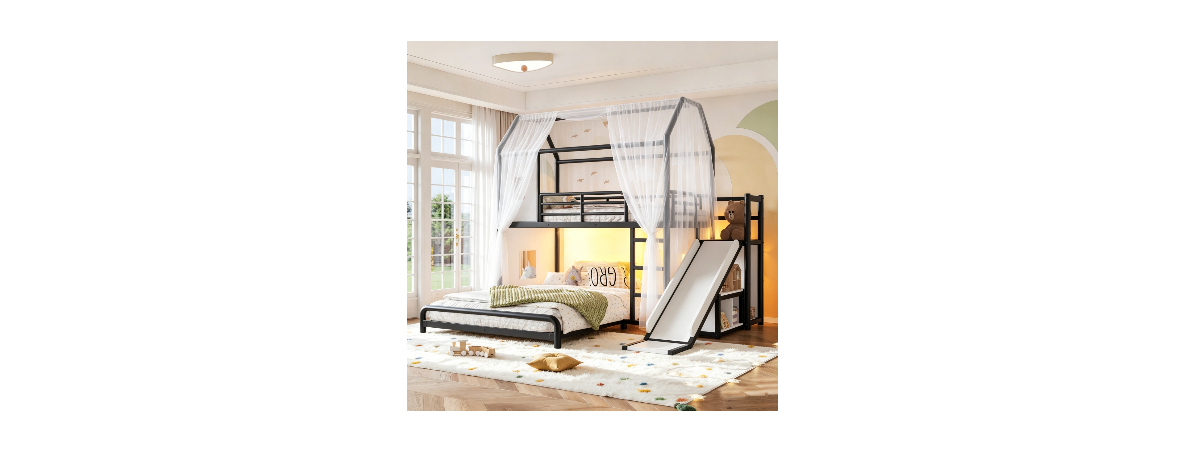 Streamdale Furniture Twin over Full Playhouse Metal Bunk Bed with Slide and Led Lights