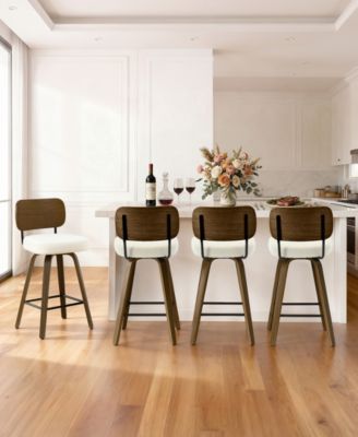 26" Swivel Bar Stool, Faux Leather with Bentwood Frame and Footrest, Counter Height for Kitchen Island, Mid-Century Modern
