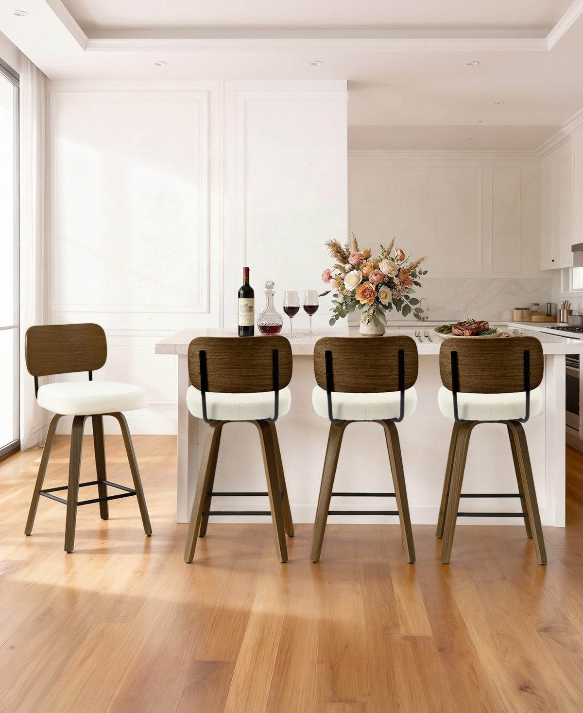 Bekrvio 26" Mid-Century Swivel Counter Height Bar Stool, Faux Leather Kitchen Stool - White