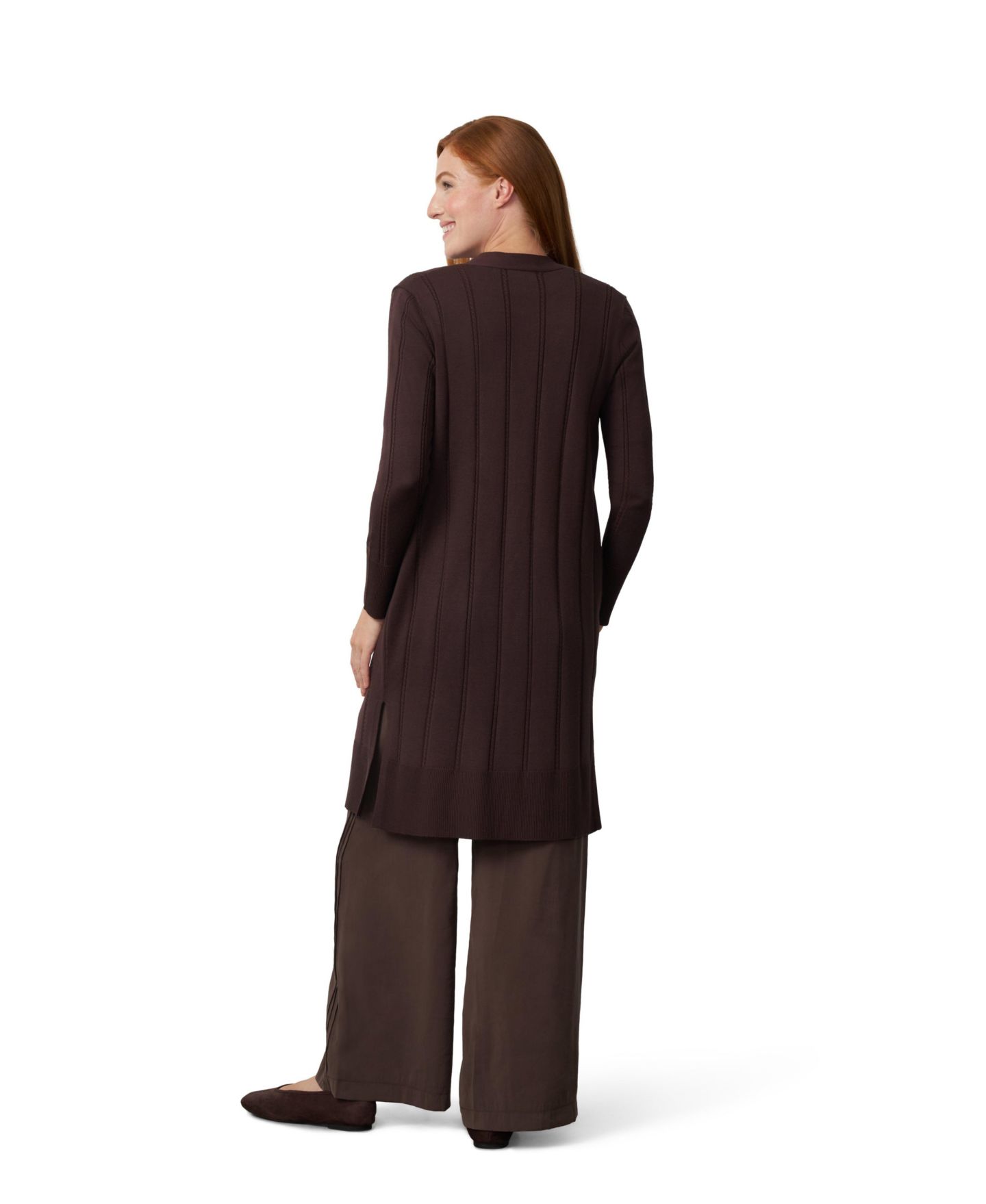 Женский кардиган Cable & Gauge Cable-Knit Longline Open-Front Duster, цвет: Шоколадный — фото 3