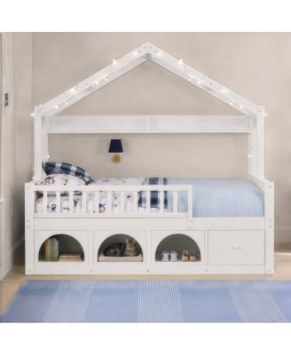 Kids Montessori Wooden Floor Bed with Roof, LED Lights and Storage Drawers