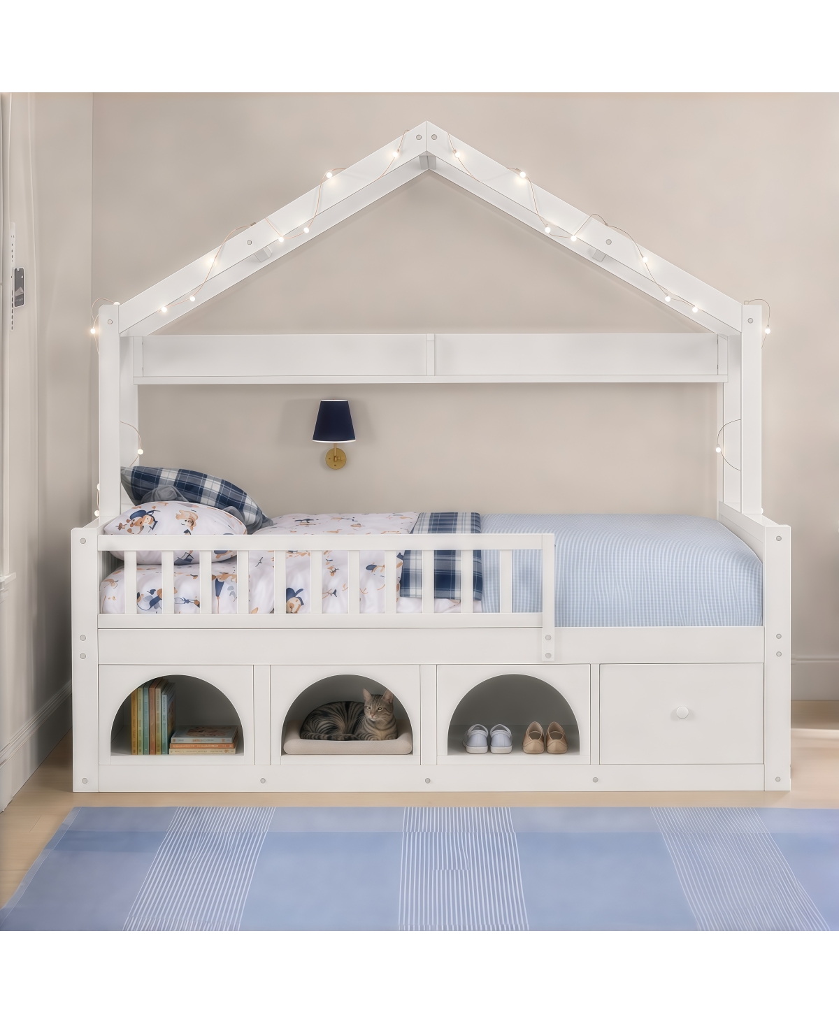 Streamdale Furniture Kids Montessori Wooden Floor Bed with Roof, Led Lights and Storage Drawers