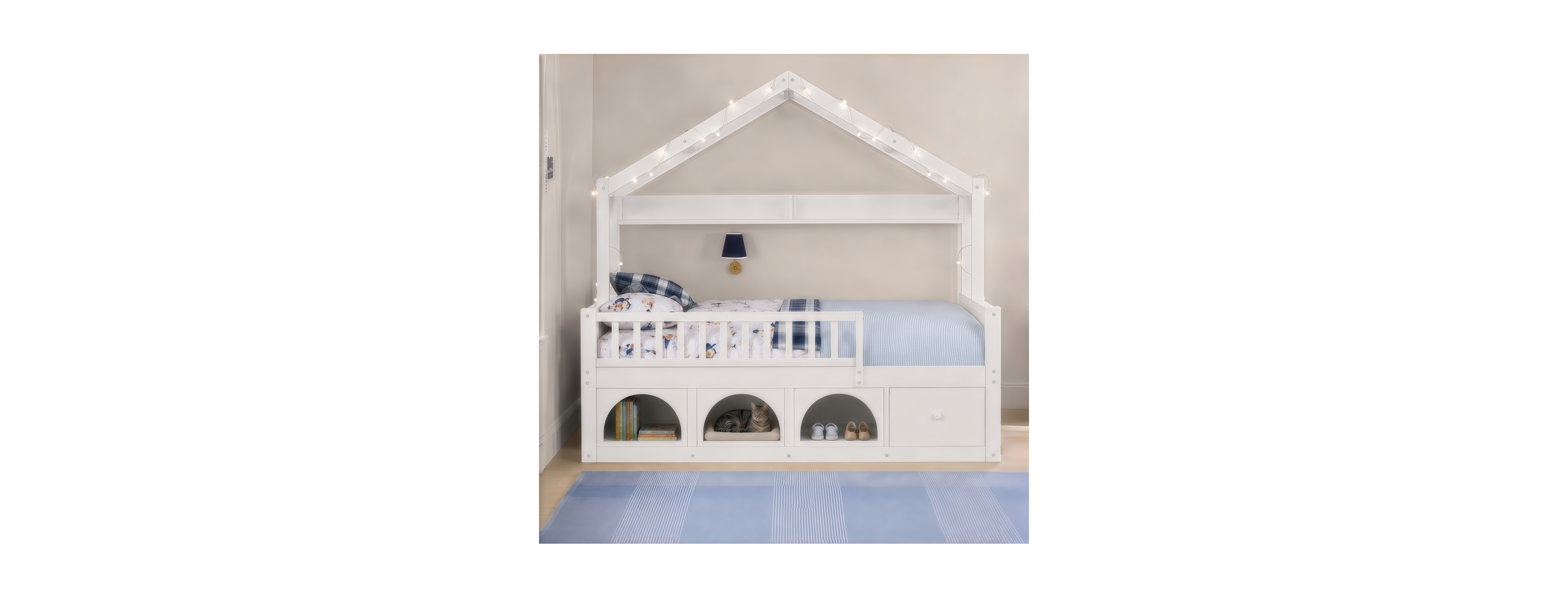 Streamdale Furniture Kids Montessori Wooden Floor Bed with Roof, Led Lights and Storage Drawers