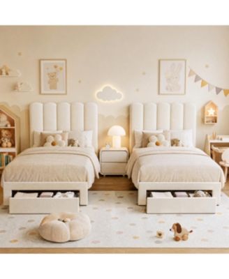 Set of 2 Upholstered Platform Bed Frame, Wavy Headboard and Footboard Drawers, Wooden Slats Support and No Box Spring Needed