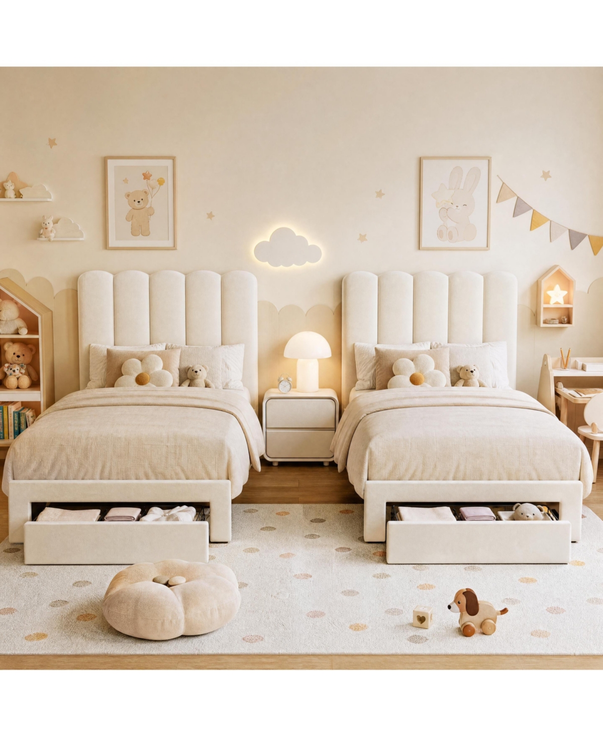homfan Set of 2 Upholstered Platform Bed Frame, Wavy Headboard and Footboard Drawers, Wooden Slats Support and No Box Spring Needed