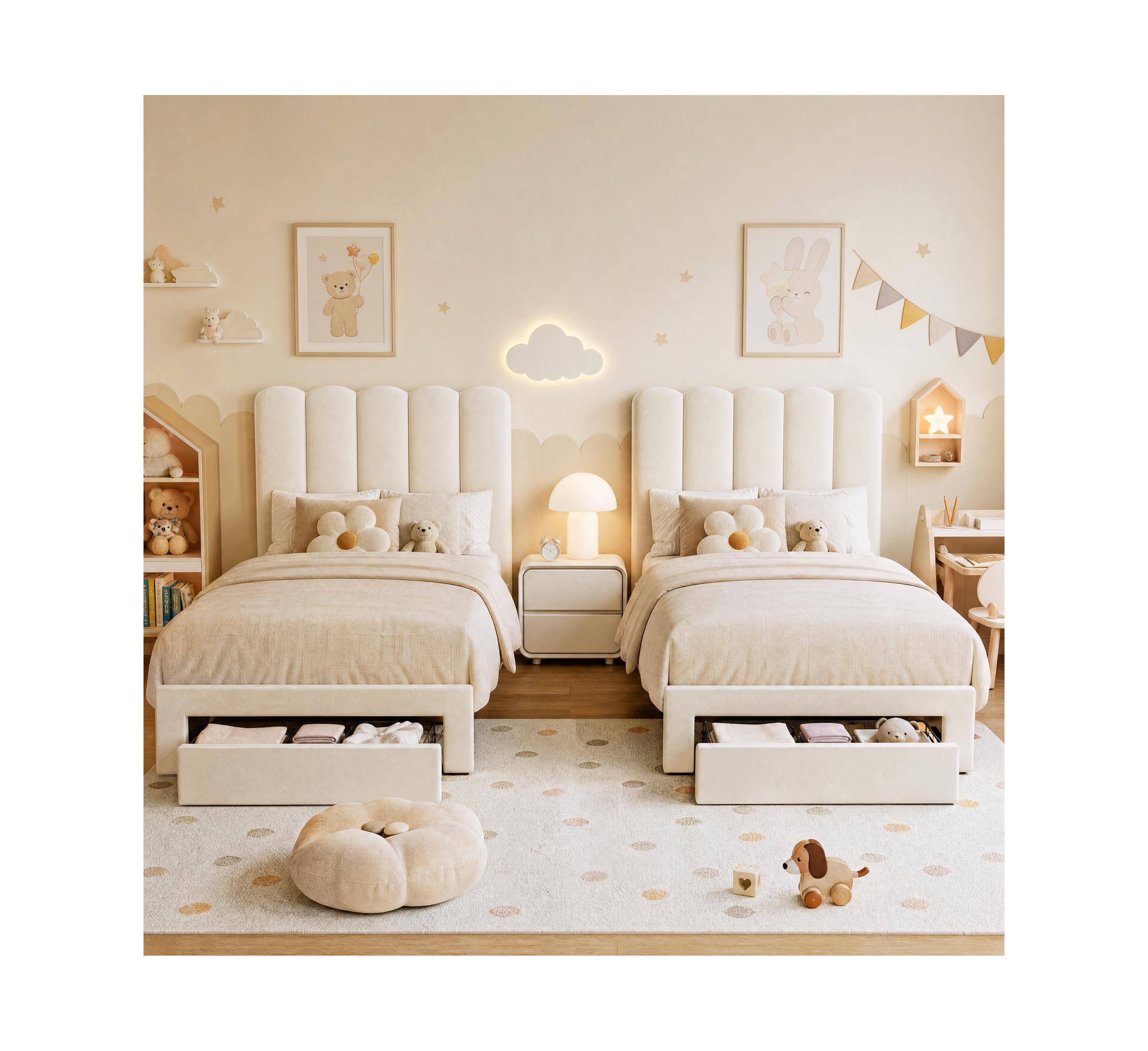 homfan Set of 2 Upholstered Platform Bed Frame, Wavy Headboard and Footboard Drawers, Wooden Slats Support and No Box Spring Needed