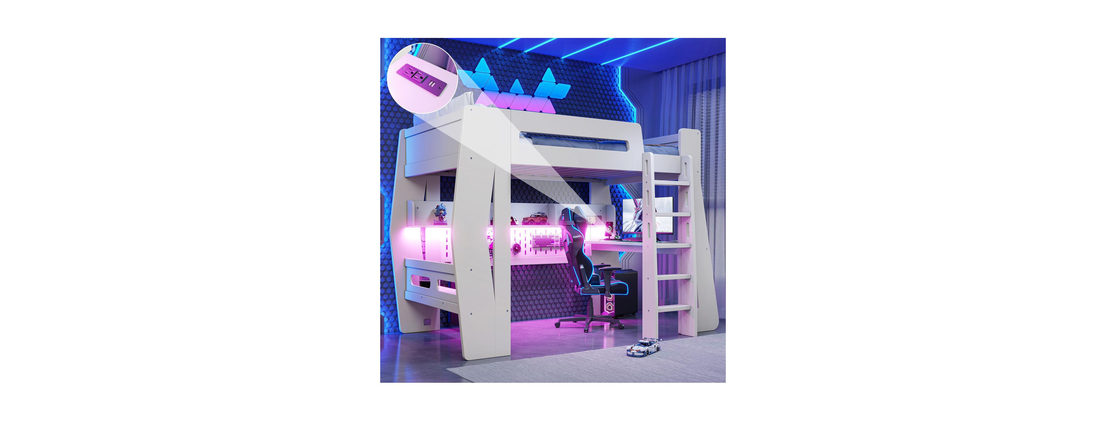 Streamdale Furniture Twin/Full Gaming Loft Bed with Desk, Storage and Led Lights