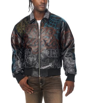 Men's Trophy Retro Embroidered Faux Leather Bomber Jacket