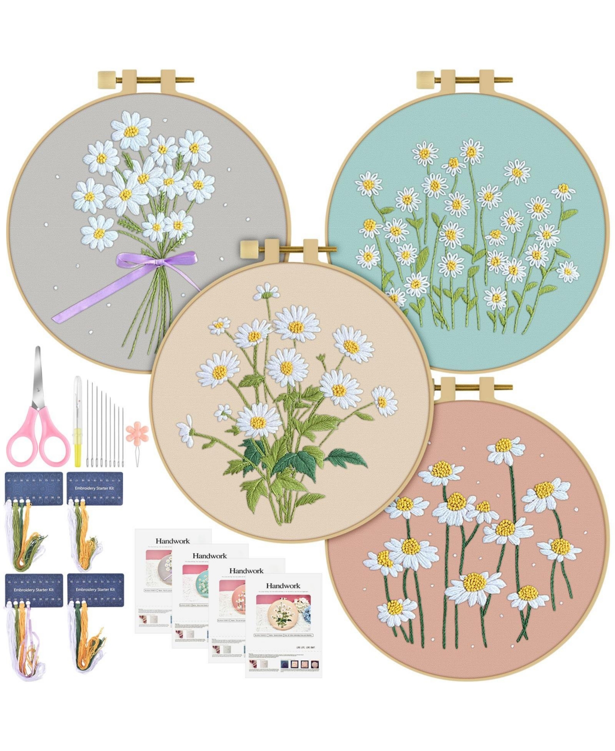 Aeelike 4 Set Beginner Embroidery Kit With Hoops Threads Tools For Craft Lovers