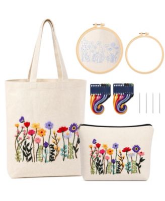 Beginner Flower Embroidery Kit Canvas Tote Bag Cosmetic Set Arts Craft