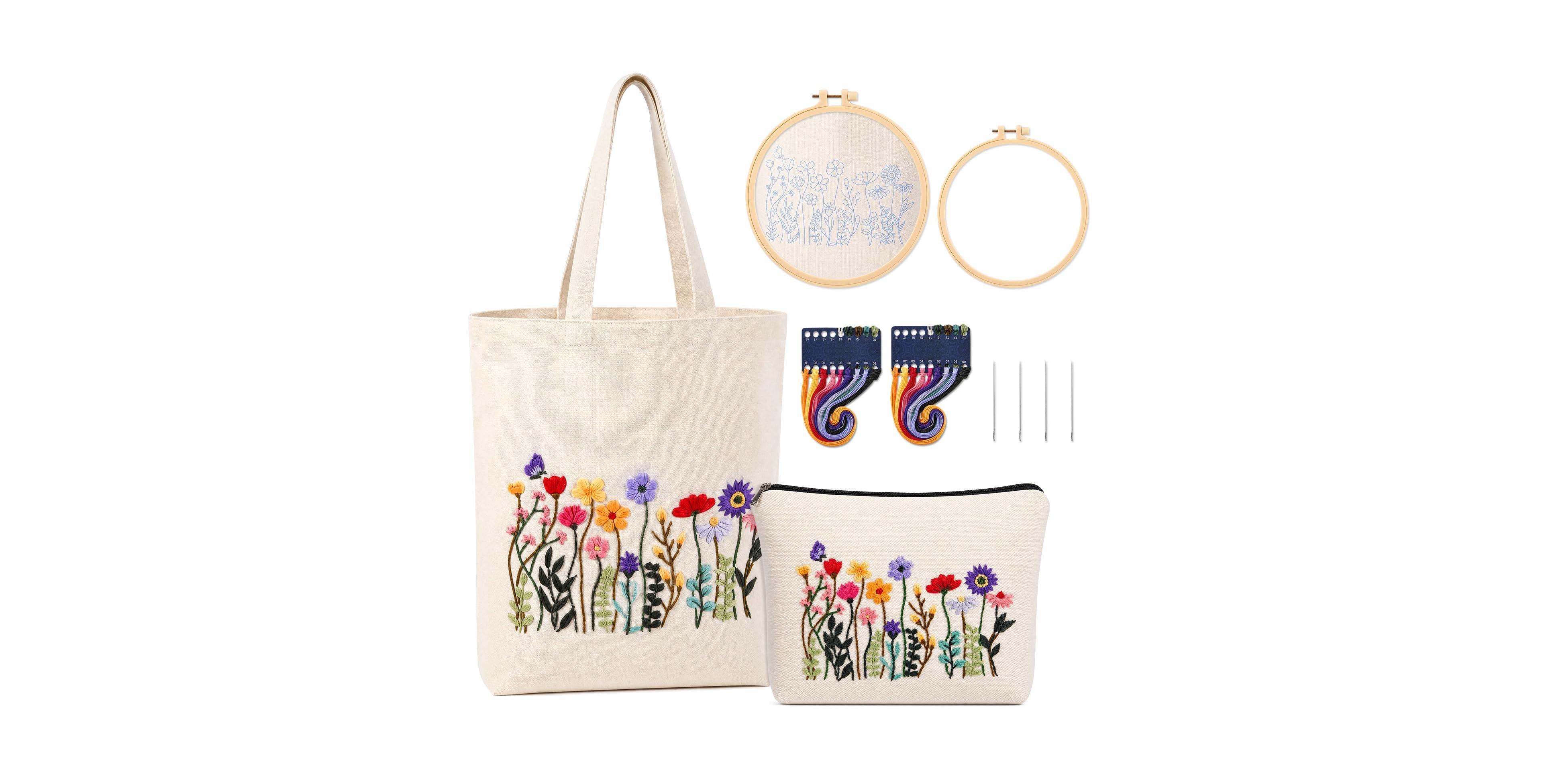 Aeelike Beginner Flower Embroidery Kit Canvas Tote Bag Cosmetic Set Arts Craft