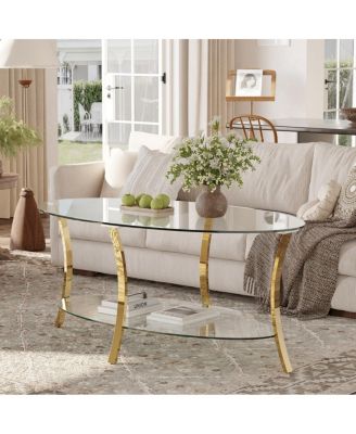 43.3 Modern Oval Glass Coffee Table with Metal Legs and Storage