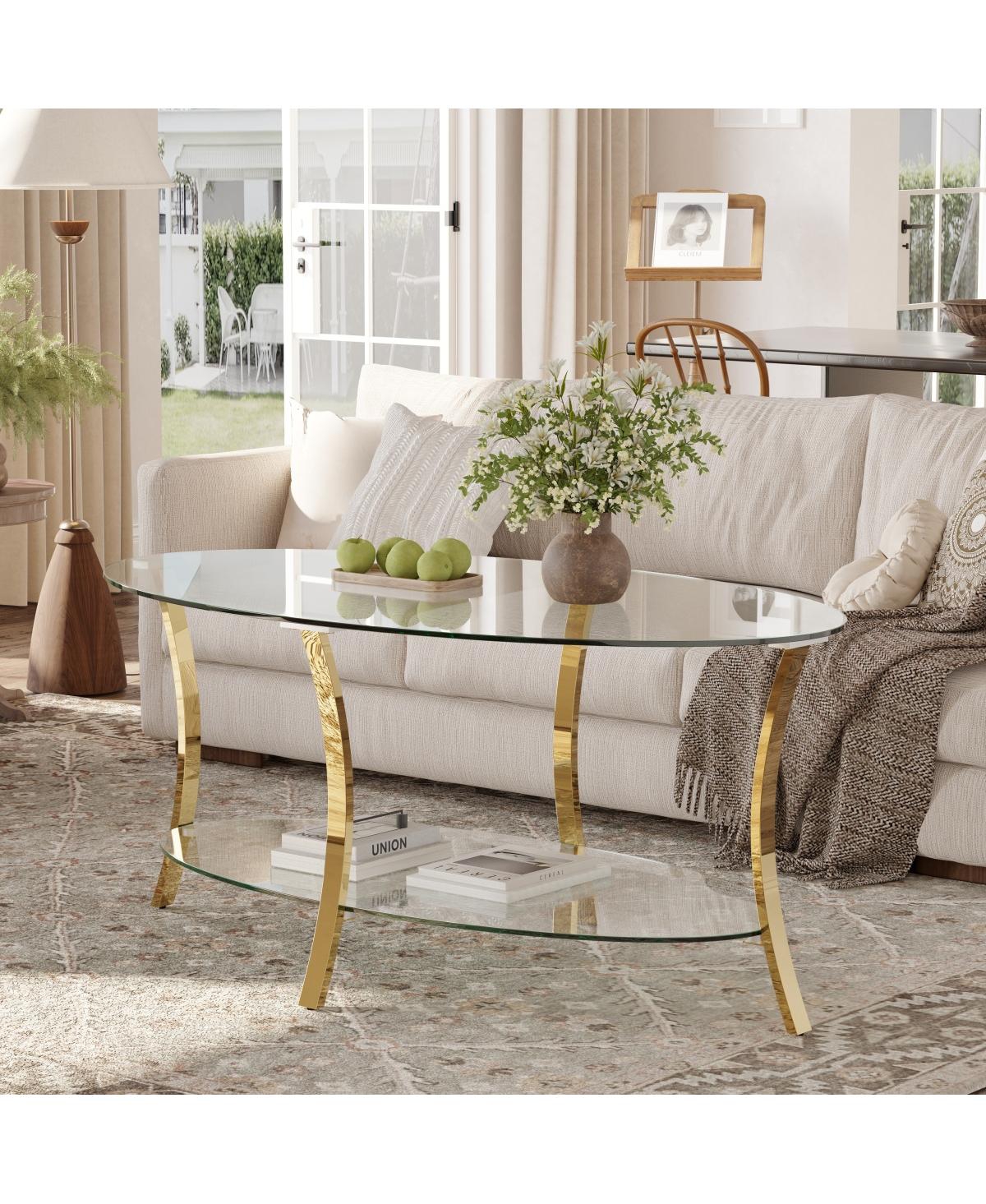Streamdale Furniture 43.3 Modern Oval Glass Coffee Table with Metal Legs and Storage