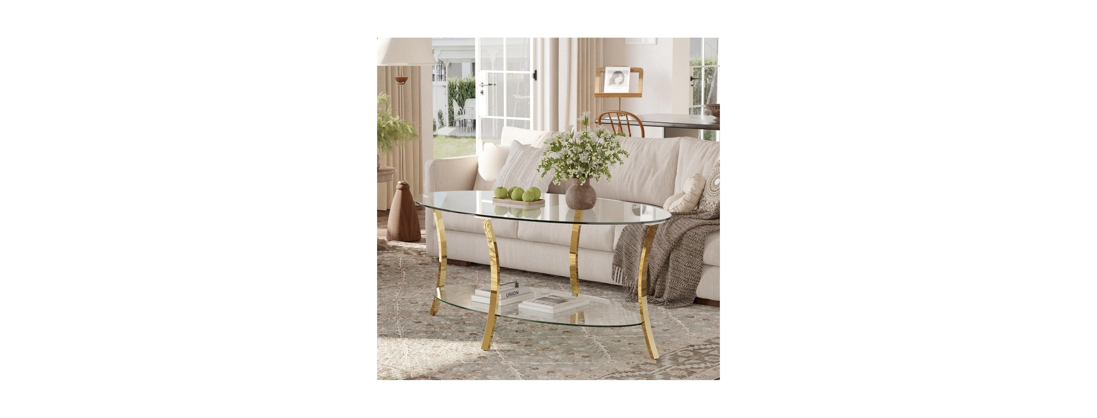 Streamdale Furniture 43.3 Modern Oval Glass Coffee Table with Metal Legs and Storage