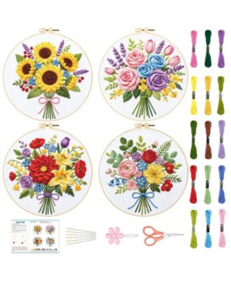 Beginner Embroidery Kit Cat Butterfly Flower Pre Stamped Pattern with Hoop Supplies