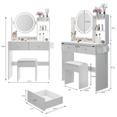 17 Inch Round LED Vanity Table, Cushion Stool, 2 AC, 2 USB, Touch Switch, 3 Colors, Large Desktop