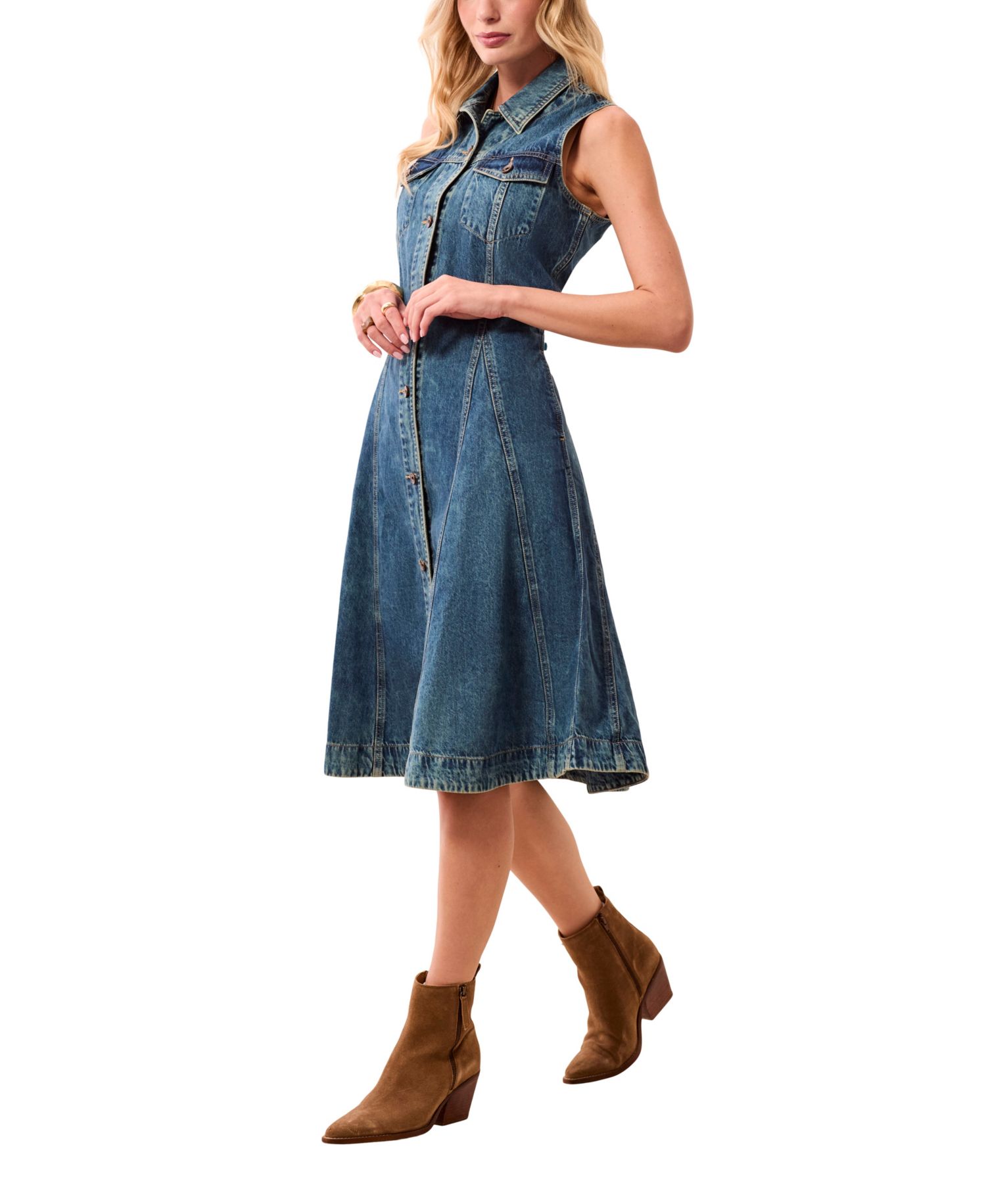 Women's Flowy Denim Fit-and-Flare Midi Dress
