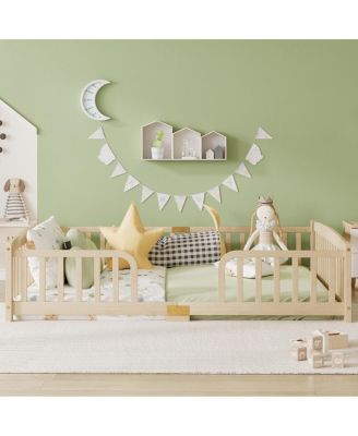  Queen Size Pine Floor Bed with Guardrails and Central Entrance