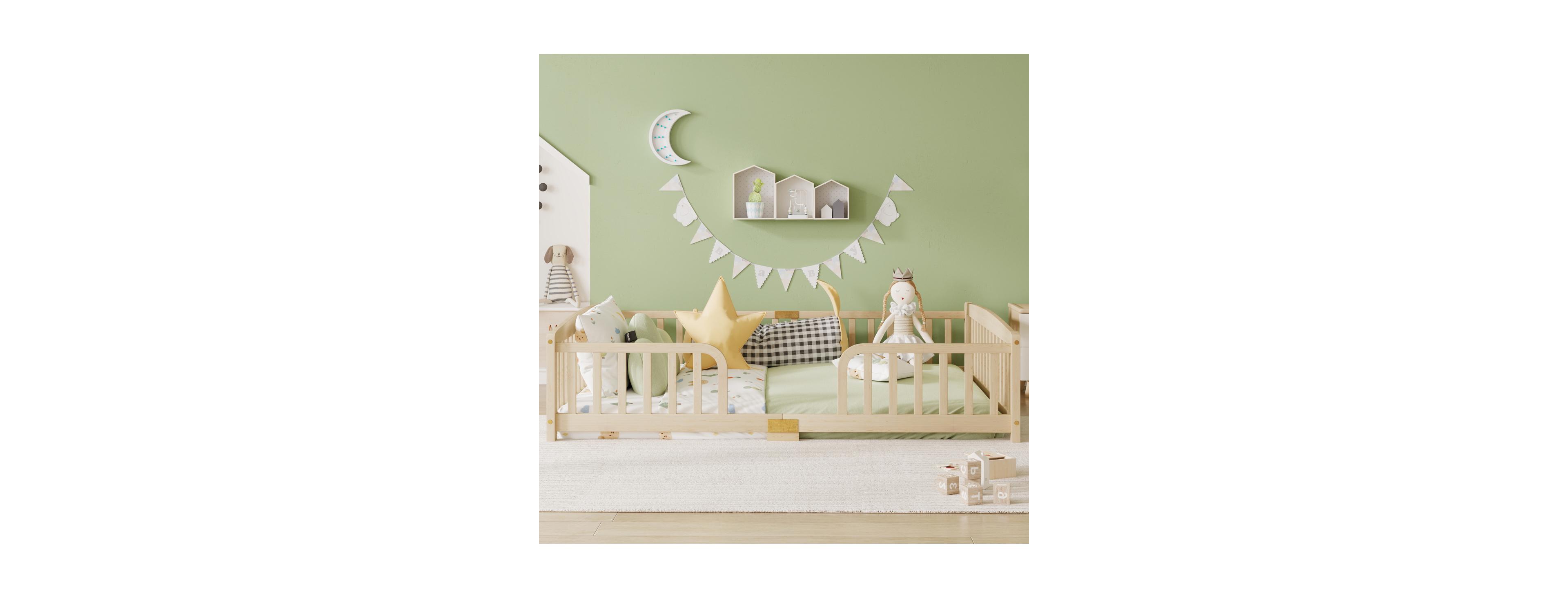 Streamdale Furniture Streamdale Queen Size Pine Floor Bed with Guardrails and Central Entrance