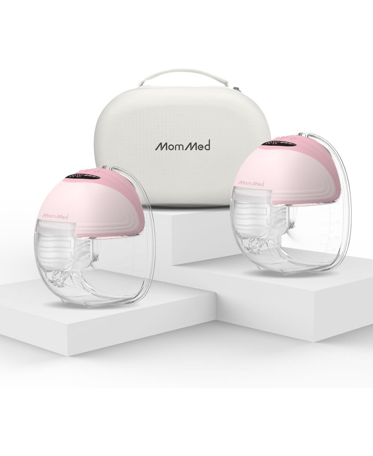 Mommed S21 Double Wearable Breast Pump with Carrying Case - Hands-Free, Leak-Proof and Lightweight - 3 Modes, 12 Levels - Portable - Pink