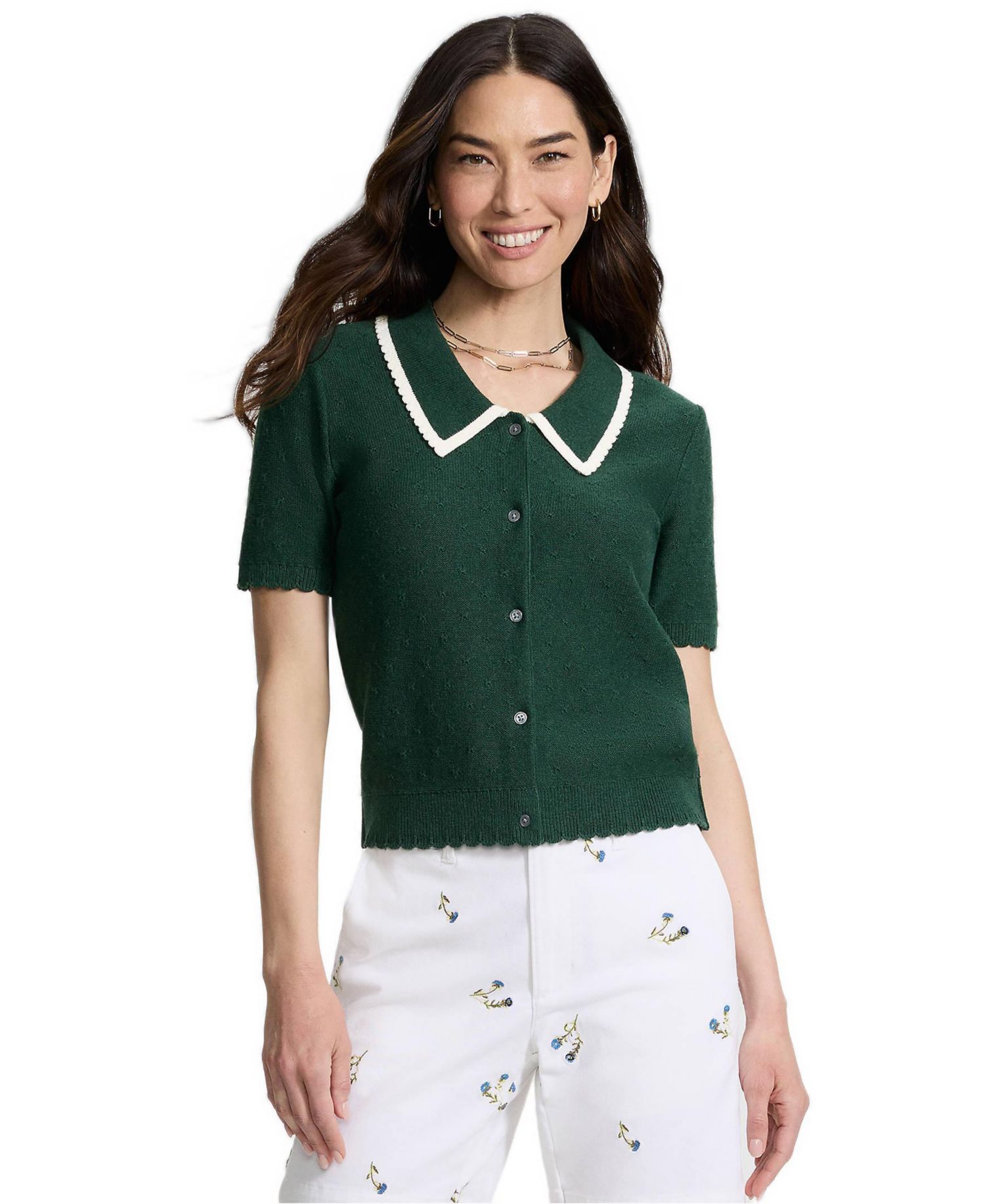Women's Drifter Collared V-Neck Short-Sleeve Scalloped Cardigan