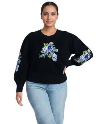 Plus Size Drifter Puff Sleeve Jacquard Crewneck Sweater