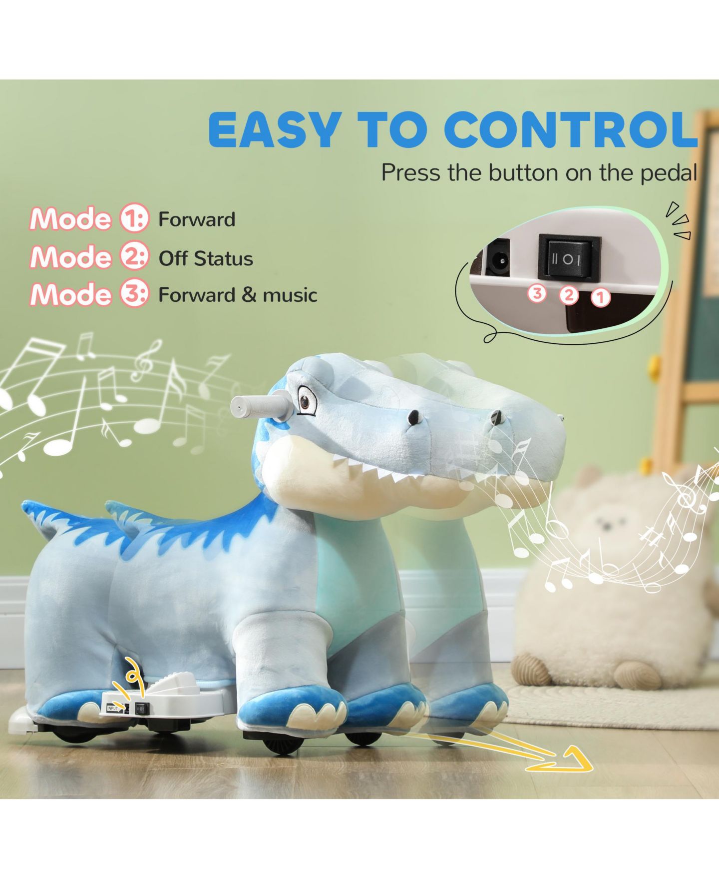 Детская мягкая игрушка Glintex 6V Tyrannosaurus Plush Battery-Powered Ride-On Toy, 55-lb Capacity, Ages 18-36 Months, цвет: Синий — фото 6