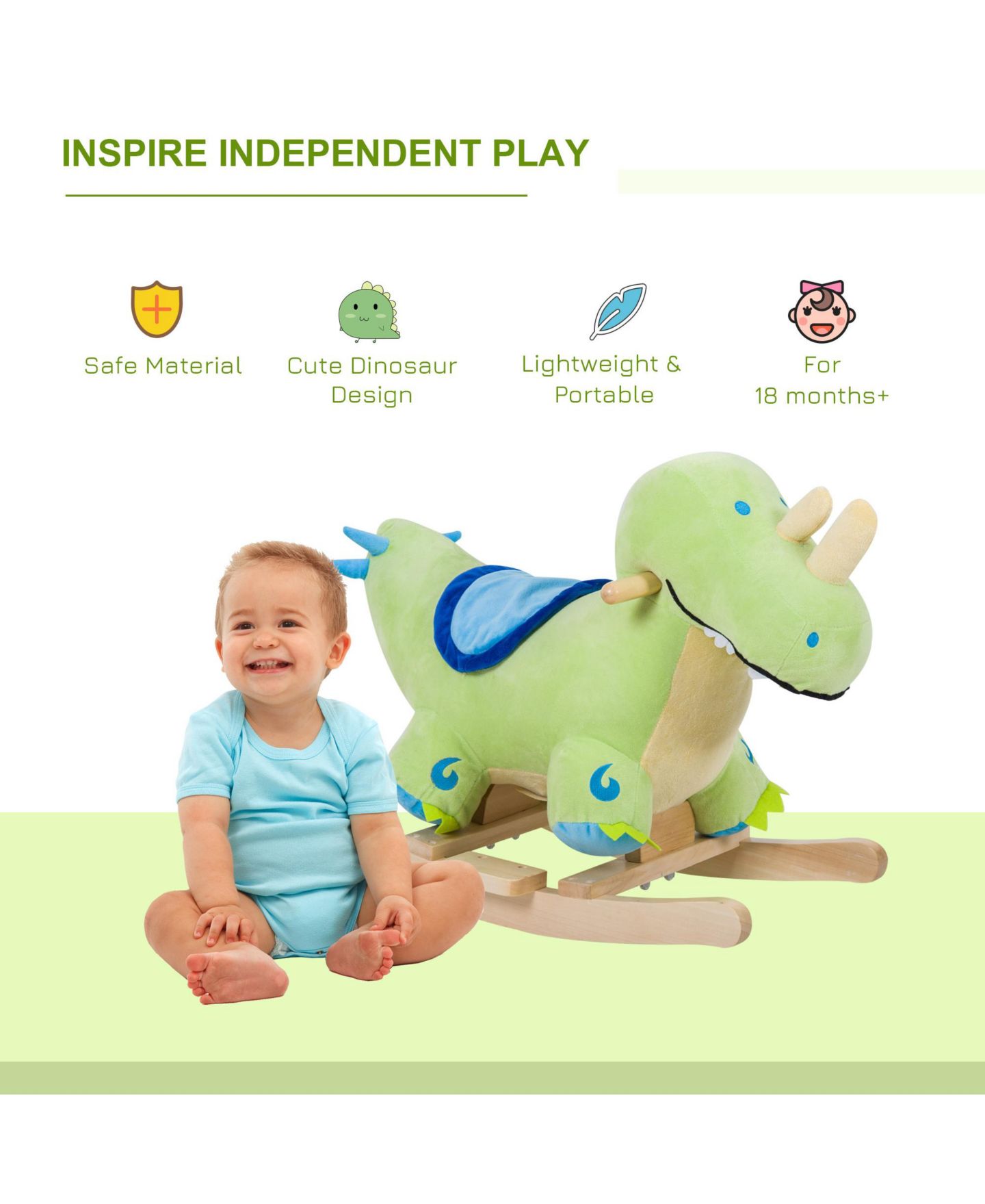 Детская мягкая игрушка Glintex Plush Ride-On Rocking Dinosaur with Realistic Sounds, 17.75" H, Wooden Base, Rocker, Holds 66 lbs, Ages 18 Months+, цвет: Зелёный — фото 4