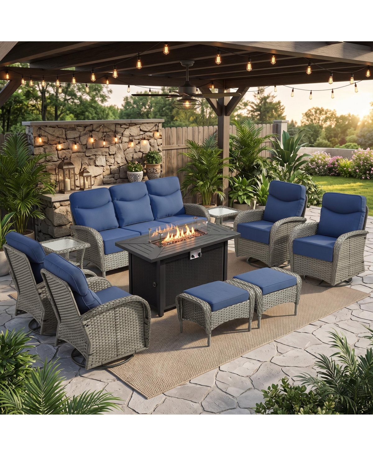 Pocassy 10-Piece Patio Furniture Set with 6-Inch Thick Cushions, Outdoor Couch and Swivel Rocker Chairs, Wicker Conversation for Porch, Deck